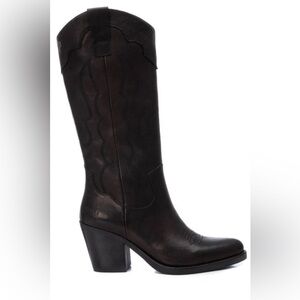 Carmela Black Leather Mid-Calf Western Boots,Size-37(US)-7